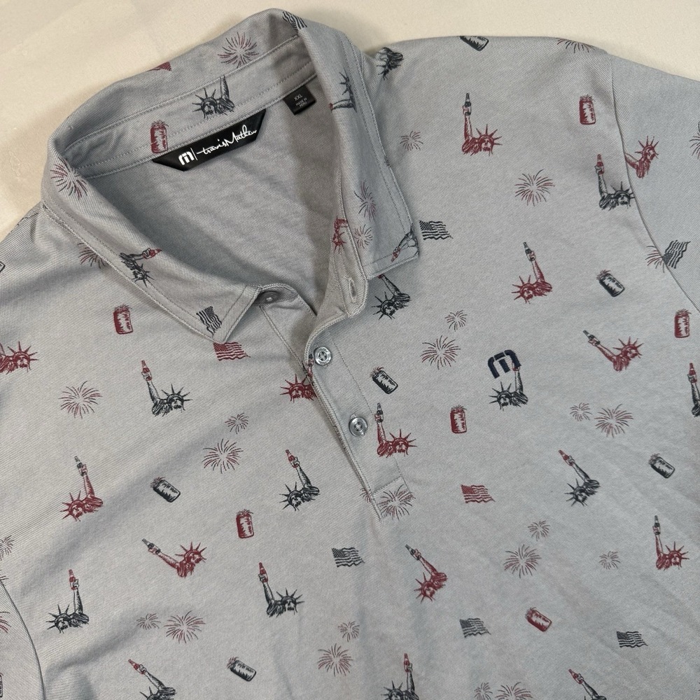 Travis Mathew Polo Shirt Mens XXL Gray Patriotic Statue Liberty Golf Casual